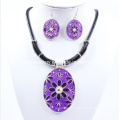 Oval Purple Flower with Enamel Using Leather Thread Necklace Set (XJW12590)